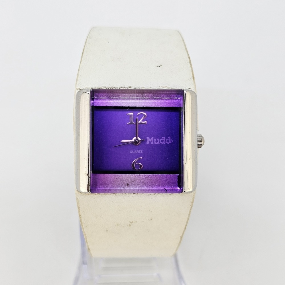 Mudd Women's Watch 30MM Purple Dial White Faux Leather Band New Battery